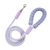 Purple rope dog leash with padded handle and metal clasp on a white background