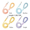 Colour chart showing pink, sky blue, yellow and purple rope leashes with lengths 1.2 m and 1.5 m