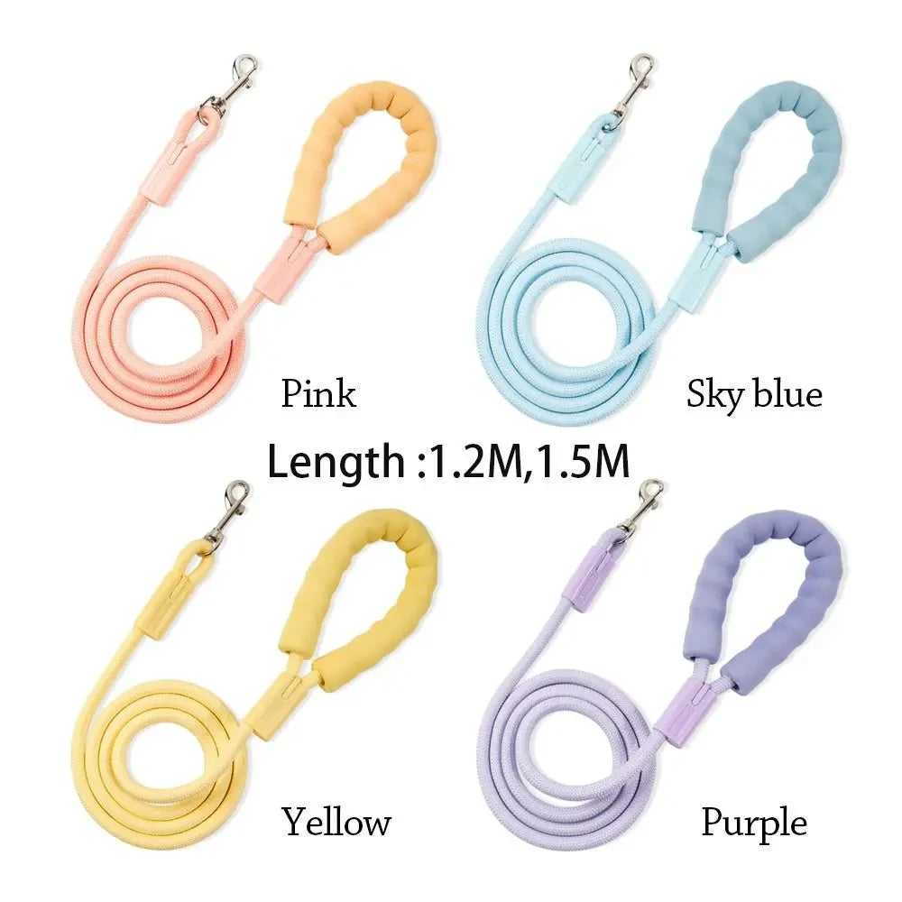 Colour chart showing pink, sky blue, yellow and purple rope leashes with lengths 1.2 m and 1.5 m