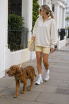 Woman walking a brown dog on a yellow rope leash along a city sidewalk